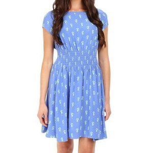 Kate Spade Silk Blue Seahorse Print Smocked Summer Dress, size L